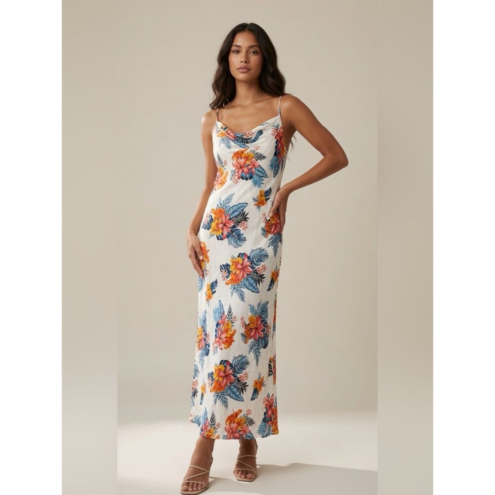 Emory Park Tropical Floral Cowl Neck Slip Maxi Dress White Blue Orange Size S